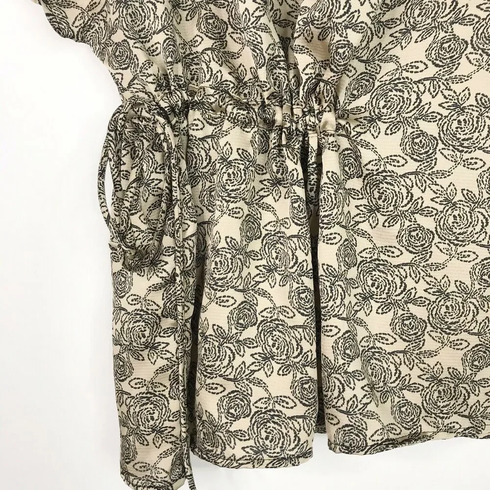 AKIRA Medium M Printed Asymmetrical Cinch Blouse Top Cream Black Floral Print